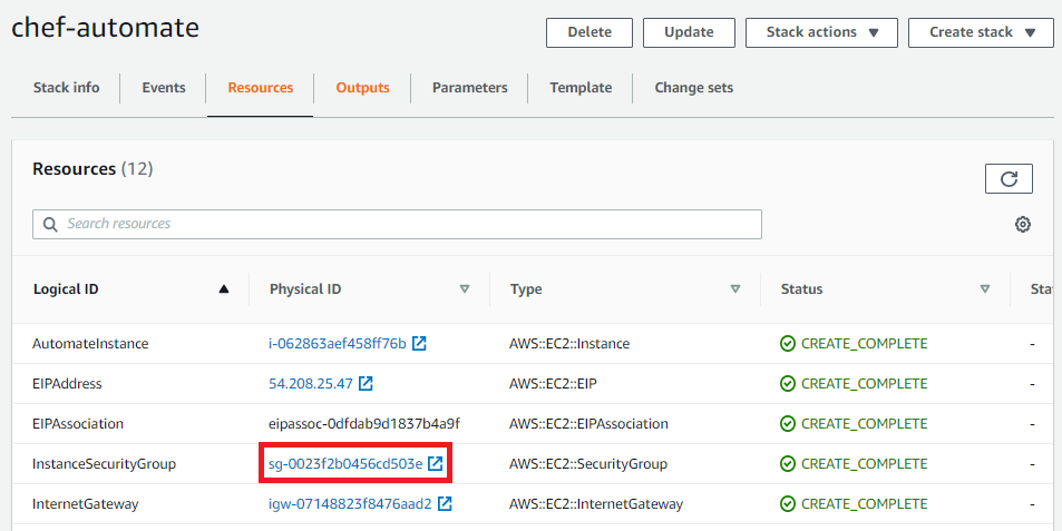 Resources Page AWS CloudFormation Resources tab for the chef-automate stack with the InstanceSecurityGroup row highlighted.